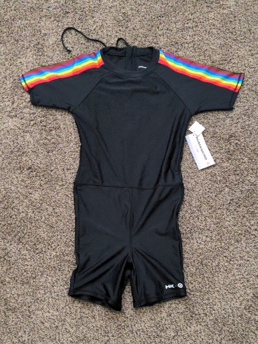 Black Short-Sleeve Swimsuit w/ Rainbow Shoulder Stripes Unisex Unisuit One Piece